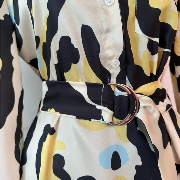 SHEIN ~ Stylish Collared Long Sleeve Belted Abstract Print Dress size S - Picture 5 of 8